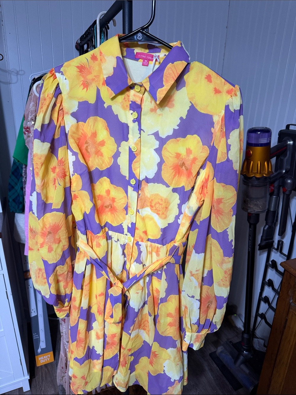 Flying Tomato Yellow & Purple Floral Long-Sleeve Button Dress with Belt